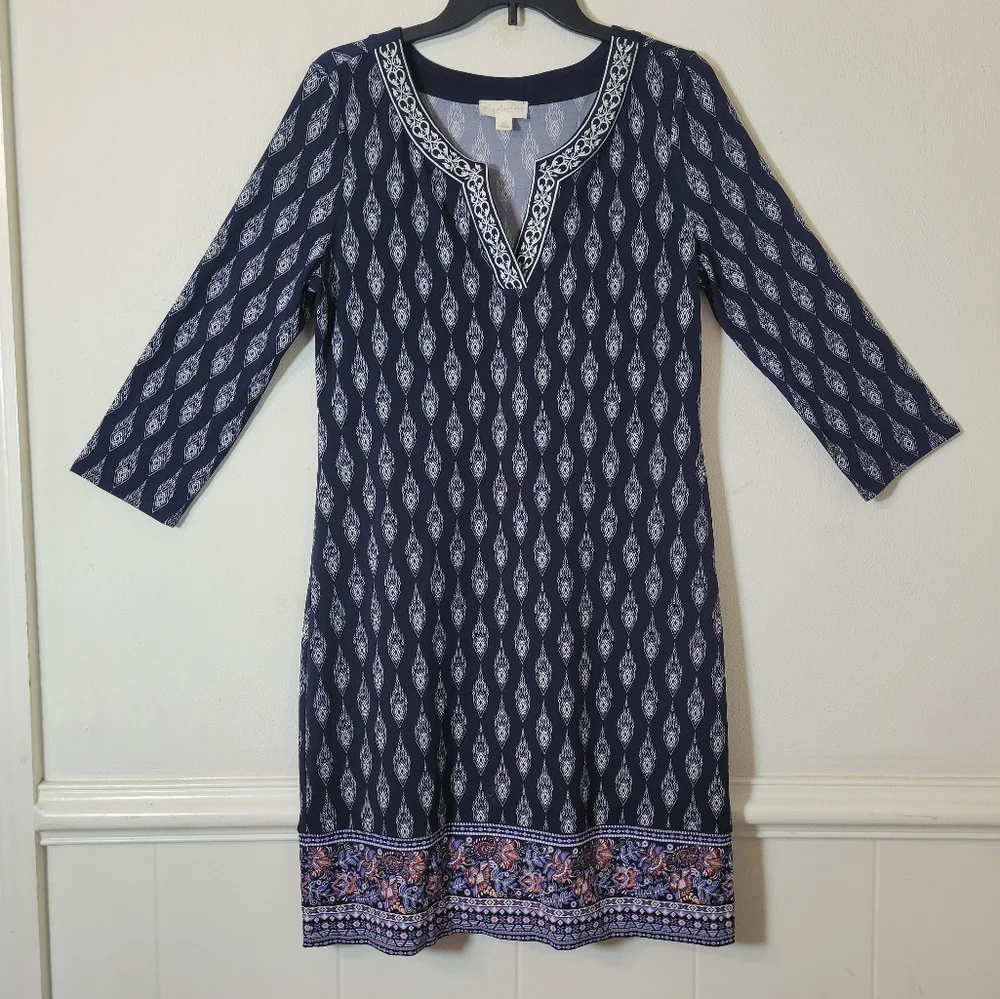 Magnolia Grace Navy and White Dress Midi Dress With Embroided Neckline Medium - Picture 2 of 5